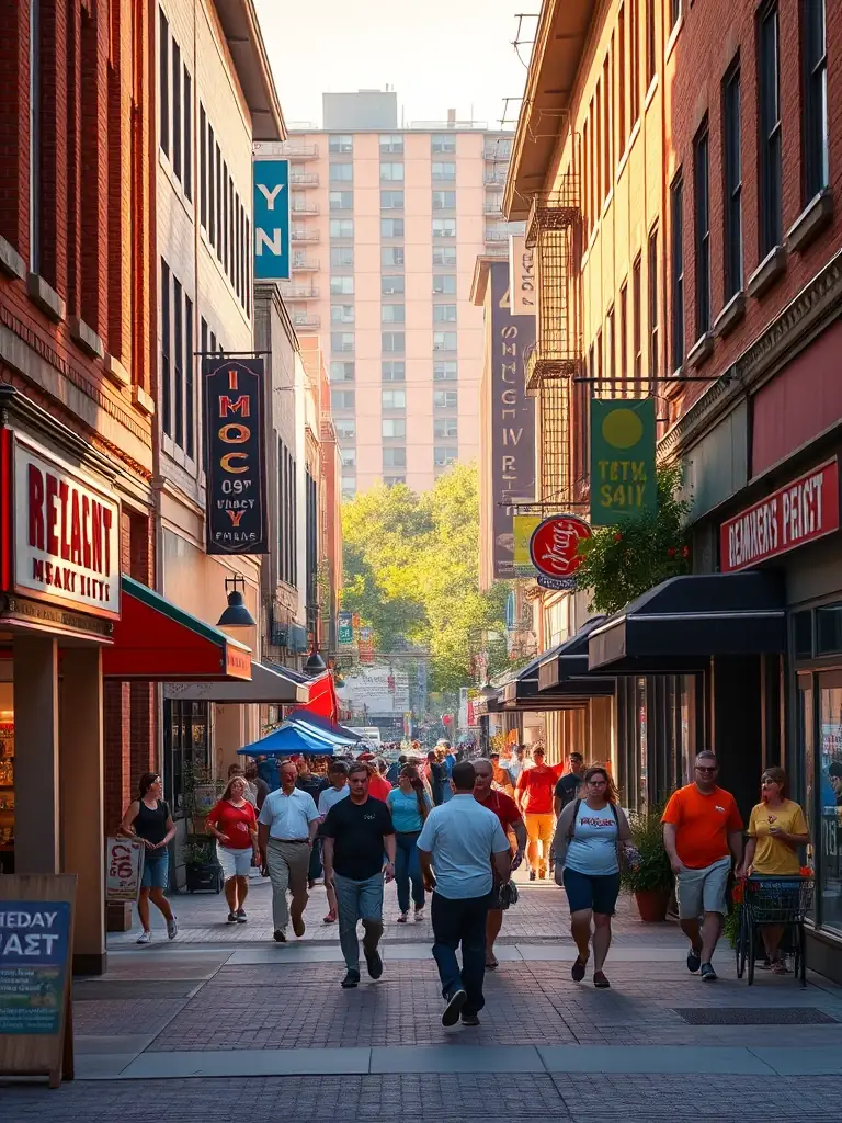 A bustling scene in a revitalized commercial district in Dearborn Heights, showcasing thriving local businesses, pedestrian-friendly streets, and community events, representing Mo Baydoun's vision for economic development.