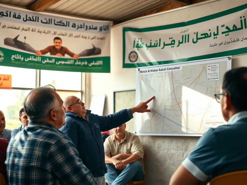A photo of Mo Baydoun discussing infrastructure improvements with a group of residents at a town hall meeting, focusing on road repairs and water management solutions.