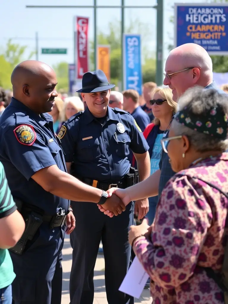 A group of Dearborn Heights police officers interacting positively with community members at a local event, symbolizing Mo Baydoun's dedication to public safety.
