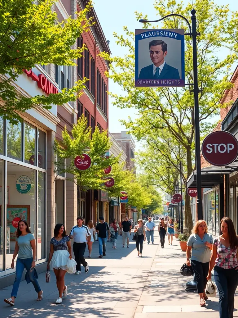 A bustling street scene in a revitalized commercial district in Dearborn Heights, showcasing economic growth.
