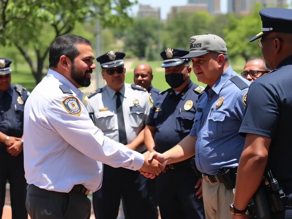 A photo of Mo Baydoun meeting with local police officers and community leaders to discuss strategies for reducing crime and improving neighborhood safety.