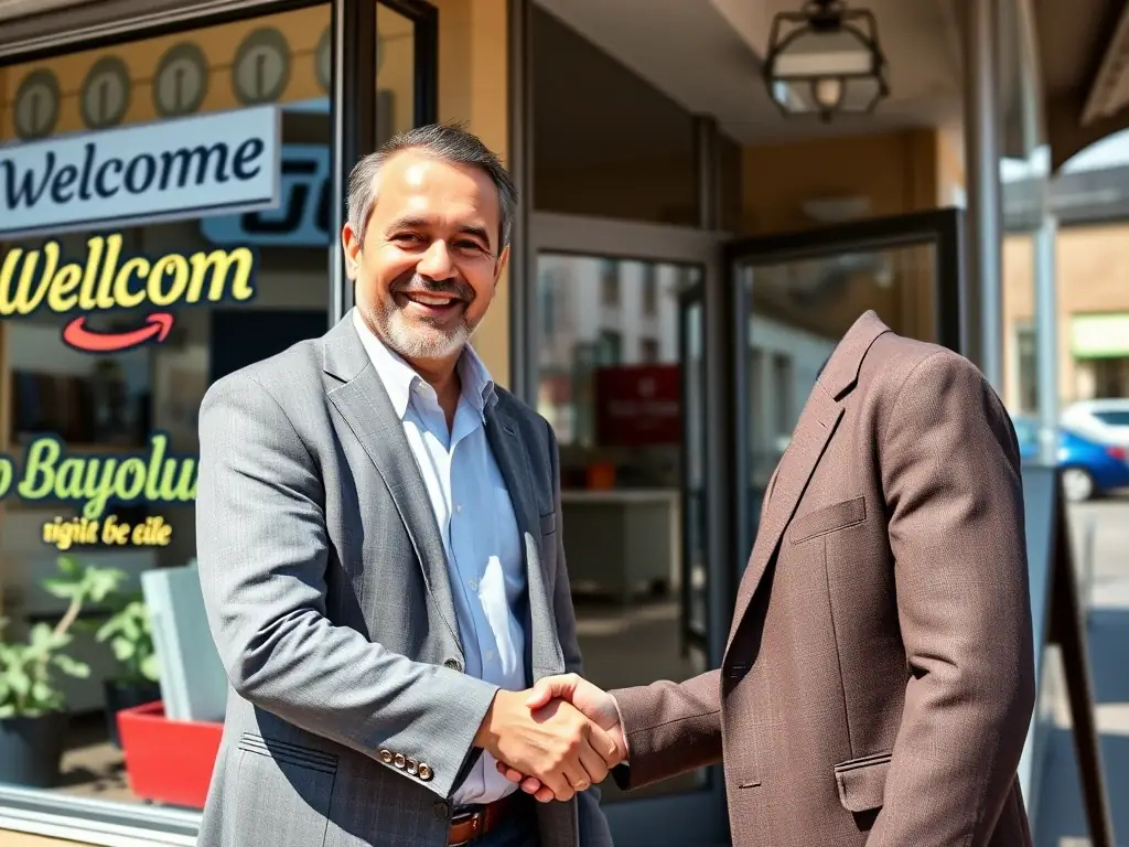 A photograph of Mo Baydoun shaking hands with a local business owner in Dearborn Heights, symbolizing his commitment to supporting local businesses and fostering economic growth.