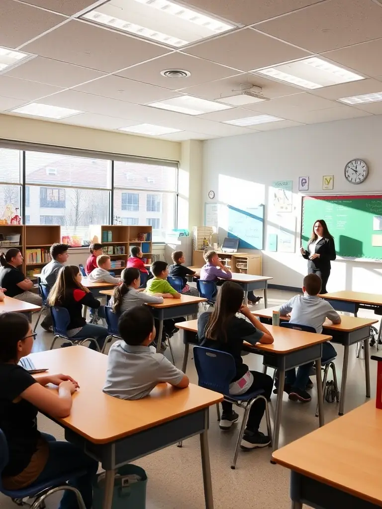 A classroom scene in a Dearborn Heights school, featuring engaged students, a dedicated teacher, and modern learning resources, representing Mo Baydoun's focus on education.
