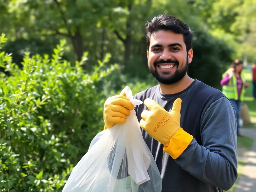 A photo of Mo Baydoun actively participating in a community cleanup event, wearing work gloves and a bright smile, symbolizing his hands-on approach and dedication to improving Dearborn Heights.