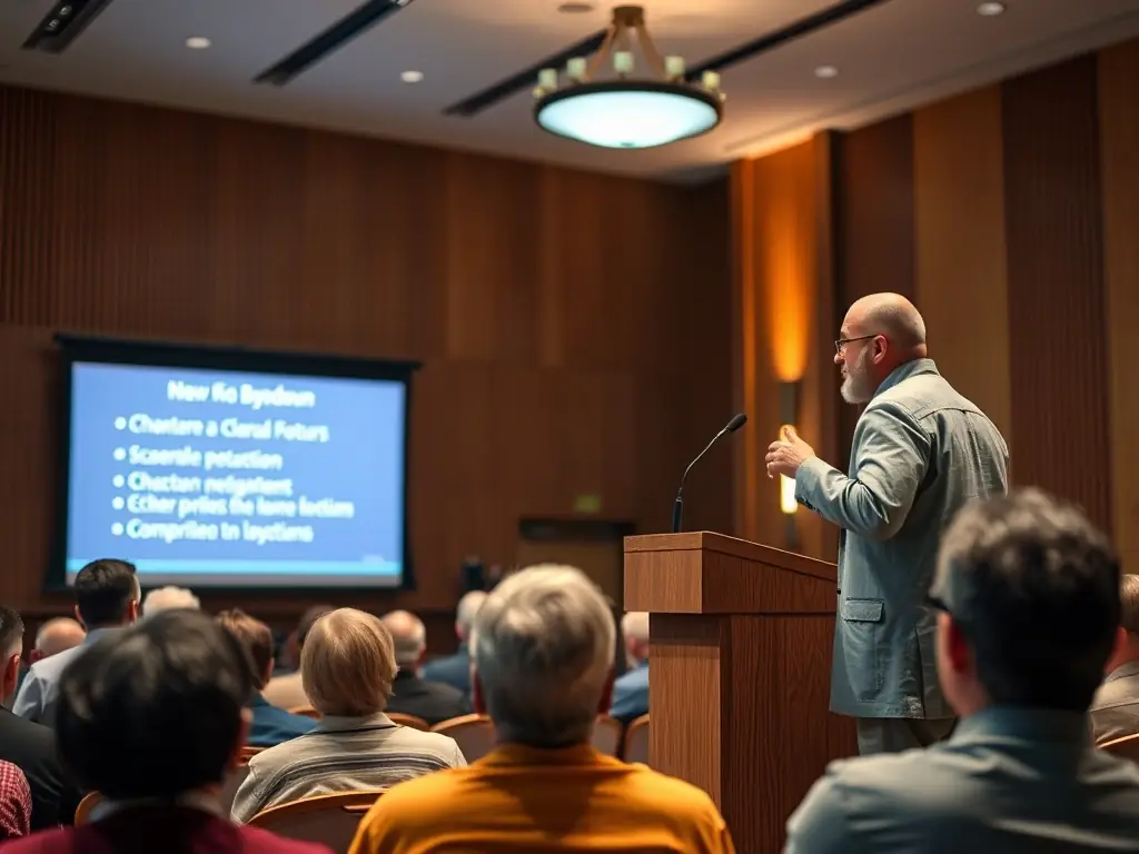 An image of Mo Baydoun presenting his vision for Dearborn Heights at a town hall meeting, using a projector to display key points and engaging with the audience.