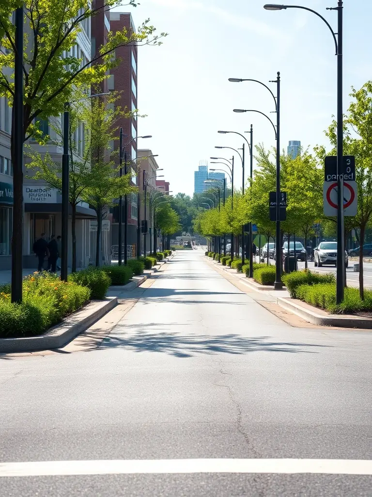A photo of a well-maintained street in Dearborn Heights, showcasing smooth asphalt, clear signage, and tidy landscaping, symbolizing Mo Baydoun's commitment to infrastructure improvements.