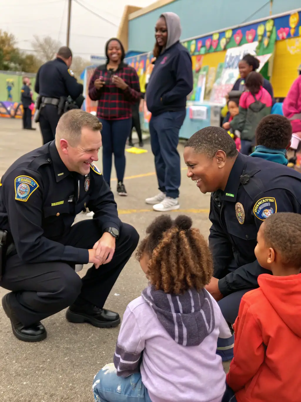 A diverse group of police officers interacting positively with community members in Dearborn Heights.